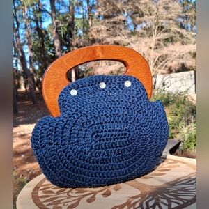 Vintage Handmade Wood Handle Navy Chrochet Pearl Button Handbag Cottagecore